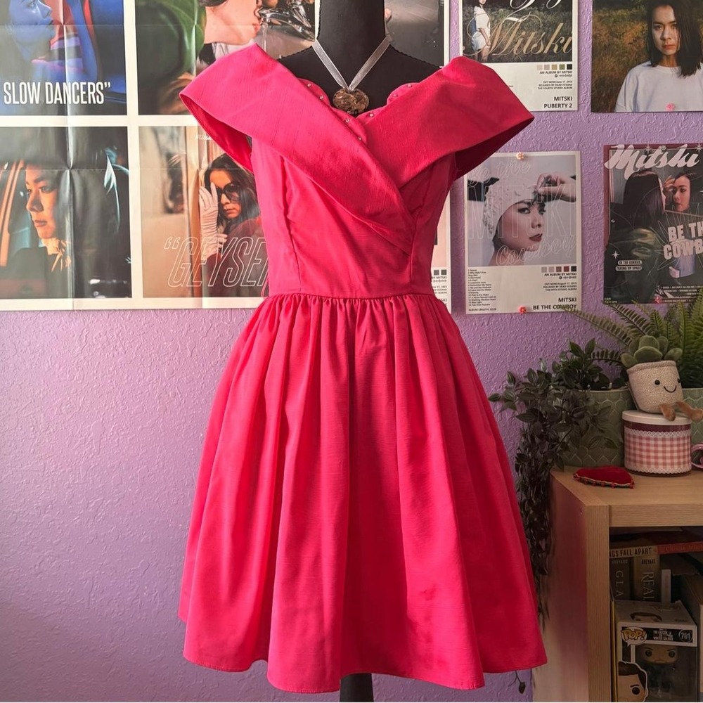 Vintage 80s Betsy & Adam Pink Off Shoulder Rhinestone Party Dress